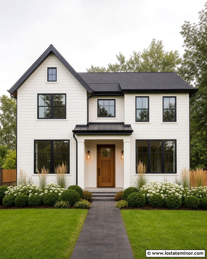 Off White House With Black Trim And Green Lawn - 30 Off White House Design With Front Yard Ideas