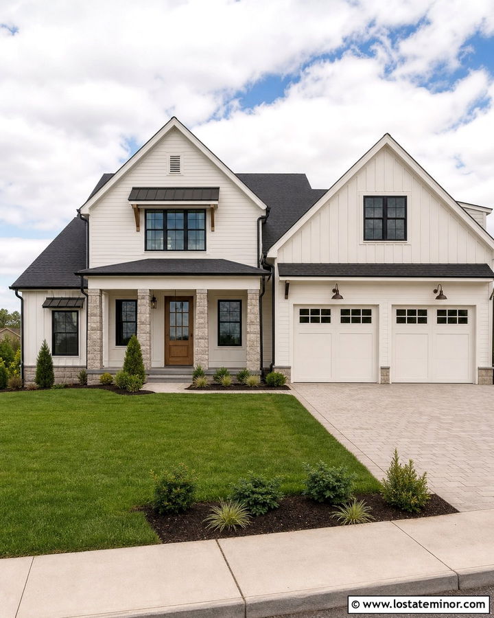 Off White House With Black Trim And Stone - 30 Off White House Design With Stone Accents Ideas