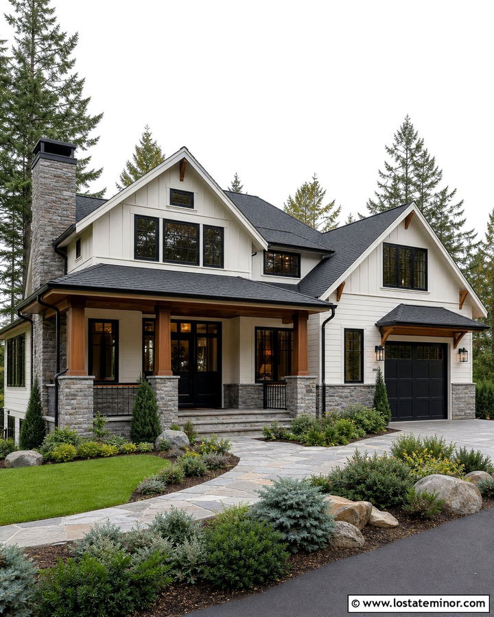 Off White House With Black Window Frames And Stone - 30 Off White House Design With Window Frames Ideas