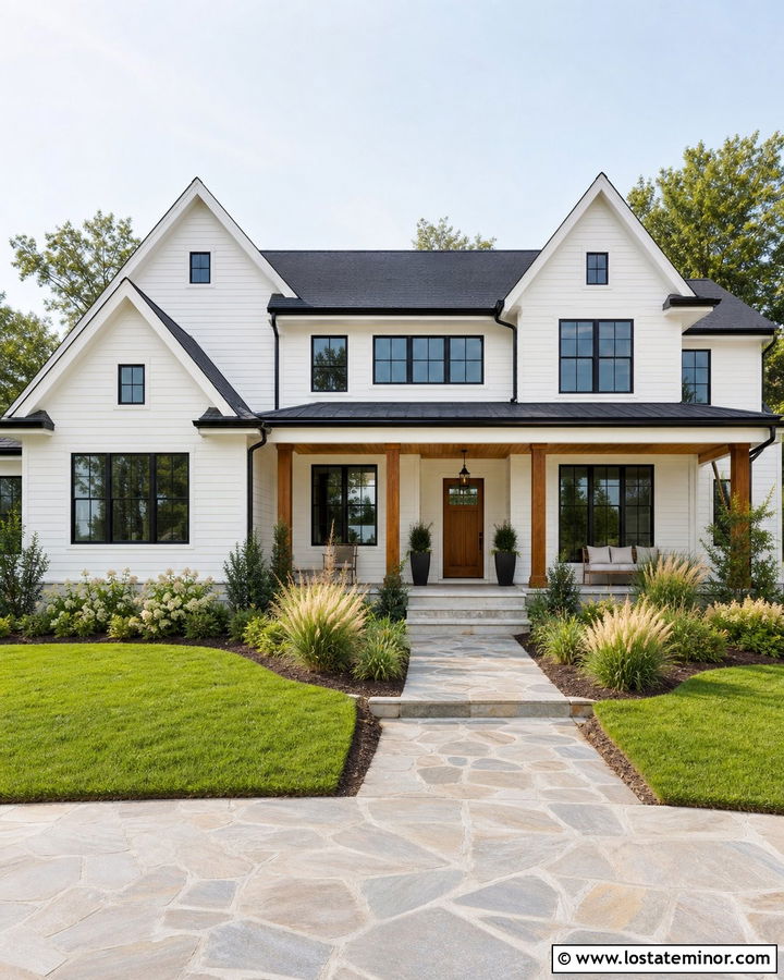 Off White House With Black Window Frames - 30 Off White House Design With Window Frames Ideas
