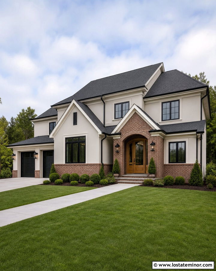 Off White House With Black Windows And Brick - 30 Off White House Design With Brick Accents Ideas