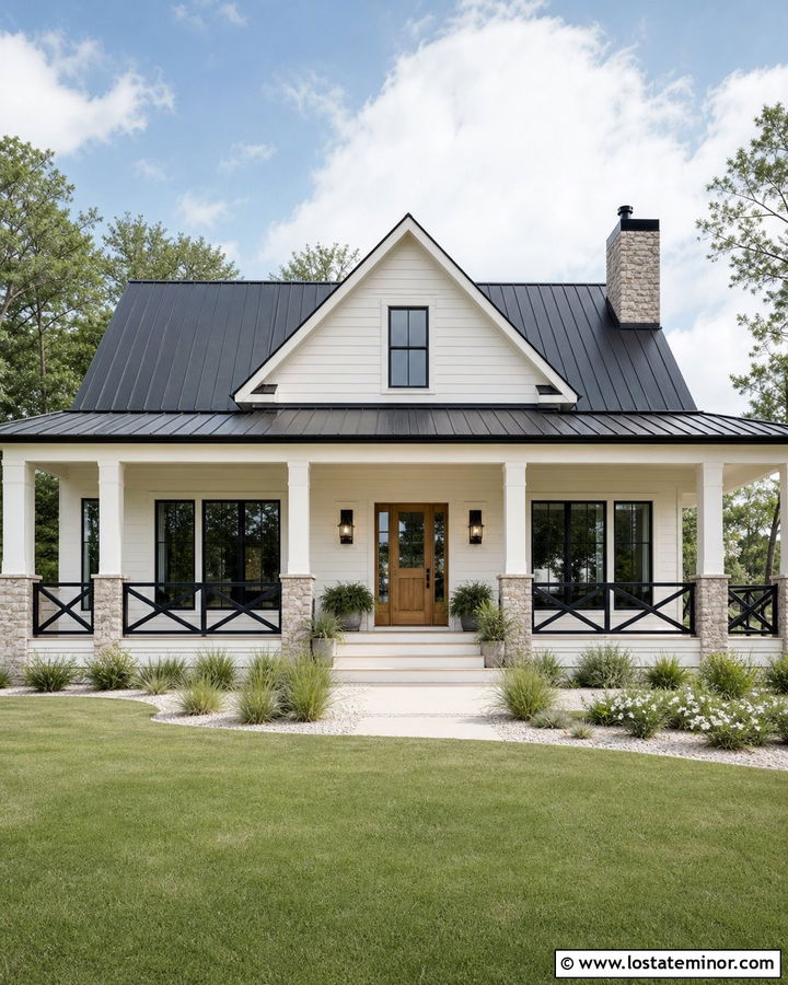 Off White House With Black X Railings - 30 Off White House Design With Railings Ideas