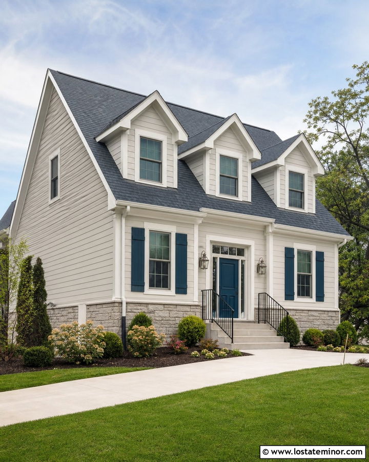 Off White House With Blue Door And Dormers - 30 Off White House Design With Dormers Ideas