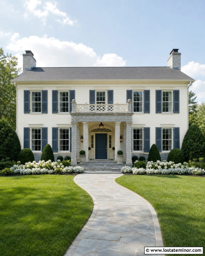 Off White House With Blue Door And Stone - 30 Off White House Design With Stone Accents Ideas