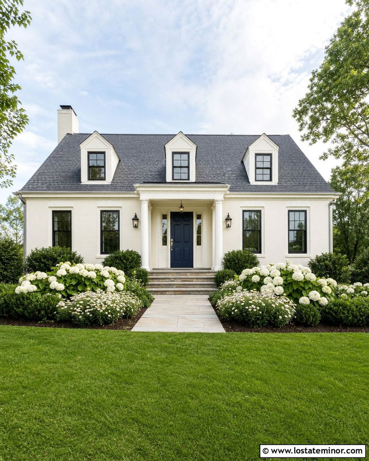 Off White House With Blue Door And White Flowers - 30 Off White House Design With Front Yard Ideas