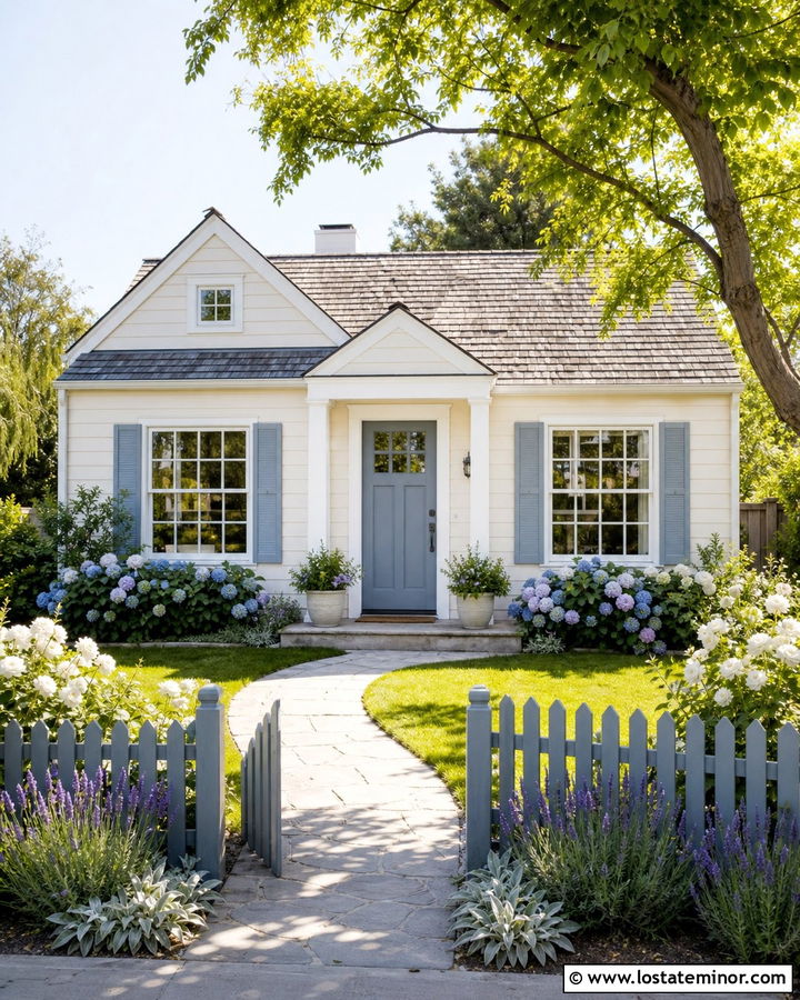 Off White House With Blue Gray Picket Fence - 30 Off White House Design With Fence Ideas