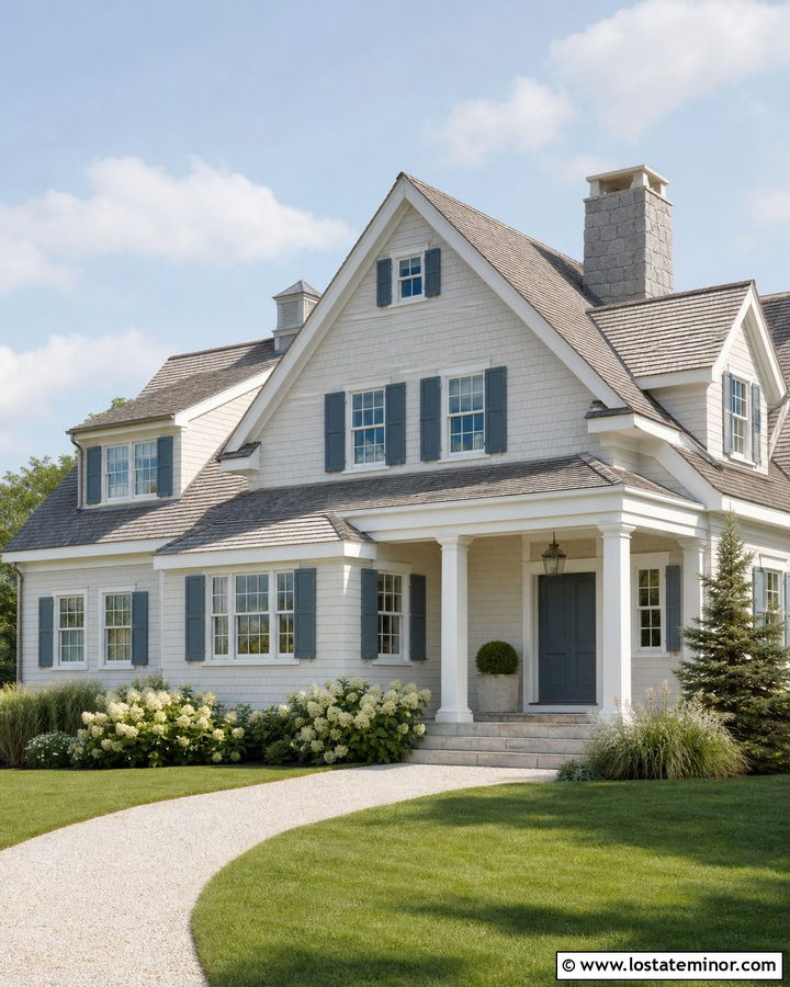 Off White House With Blue Gray Shutters - 30 Off White House Design With Shutters Ideas