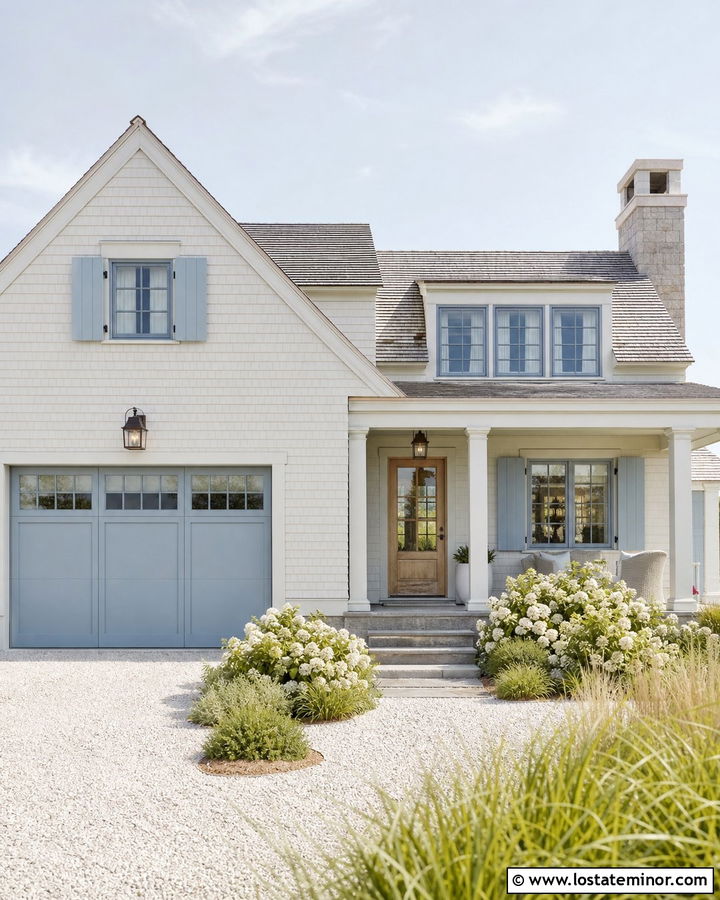 Off White House With Blue Gray Window Frames - 30 Off White House Design With Window Frames Ideas