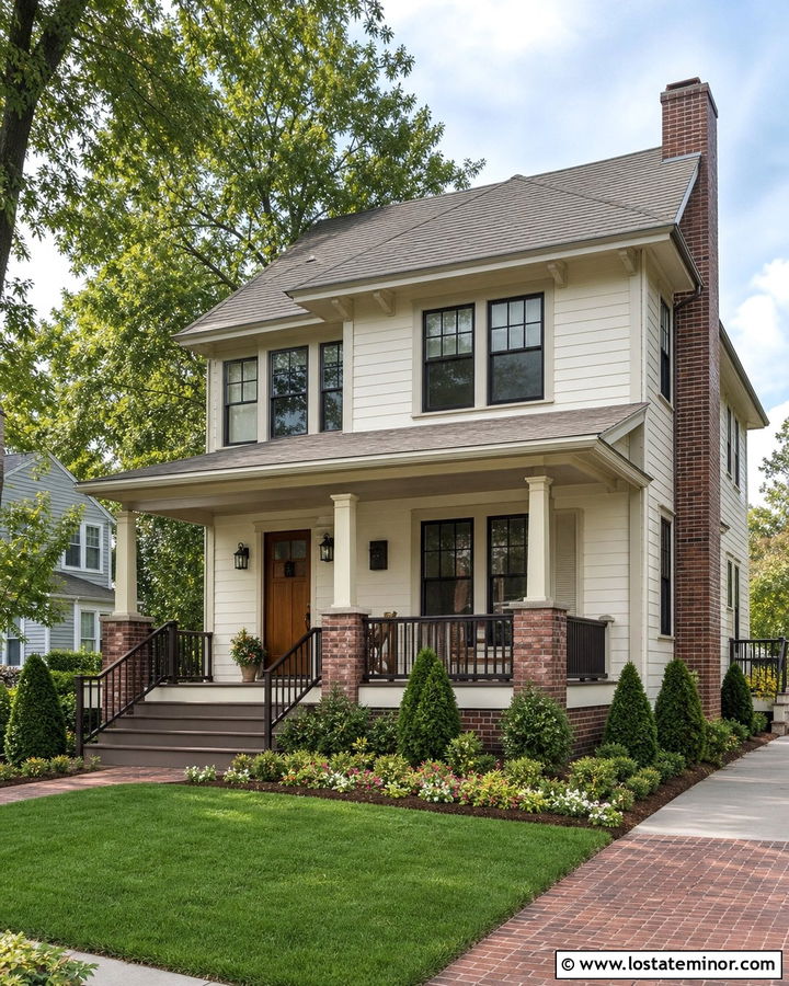 Off White House With Brick Accent Deck - 30 Off White House Design With Deck Ideas