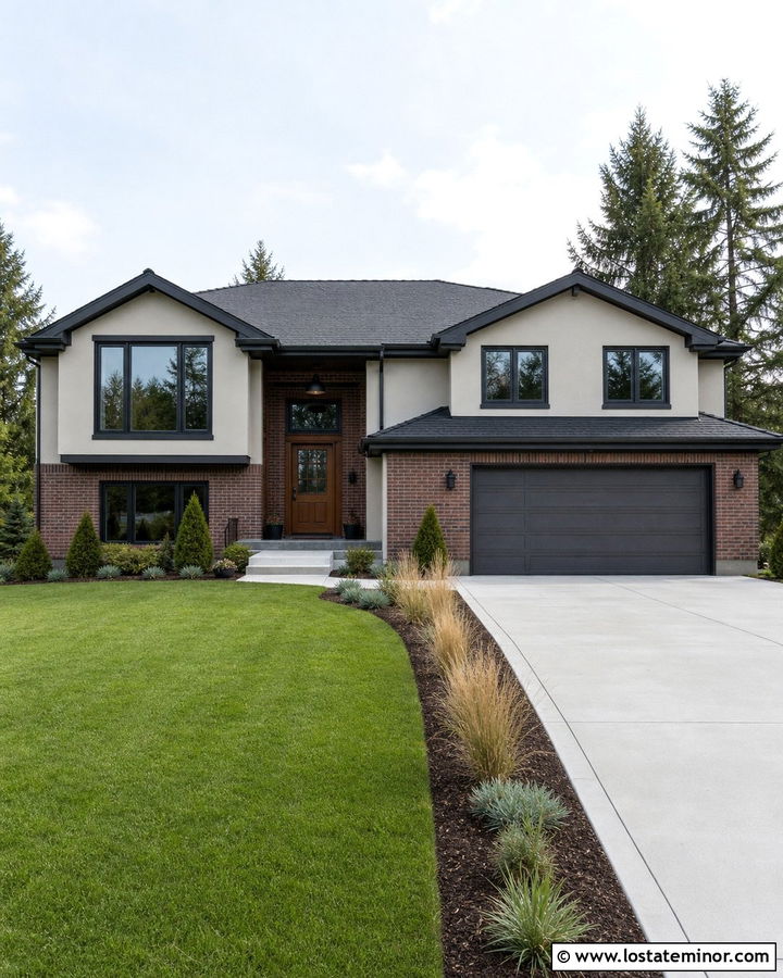 Off White House With Brick And Charcoal Trim - 30 Off White House Design With Brick Accents Ideas