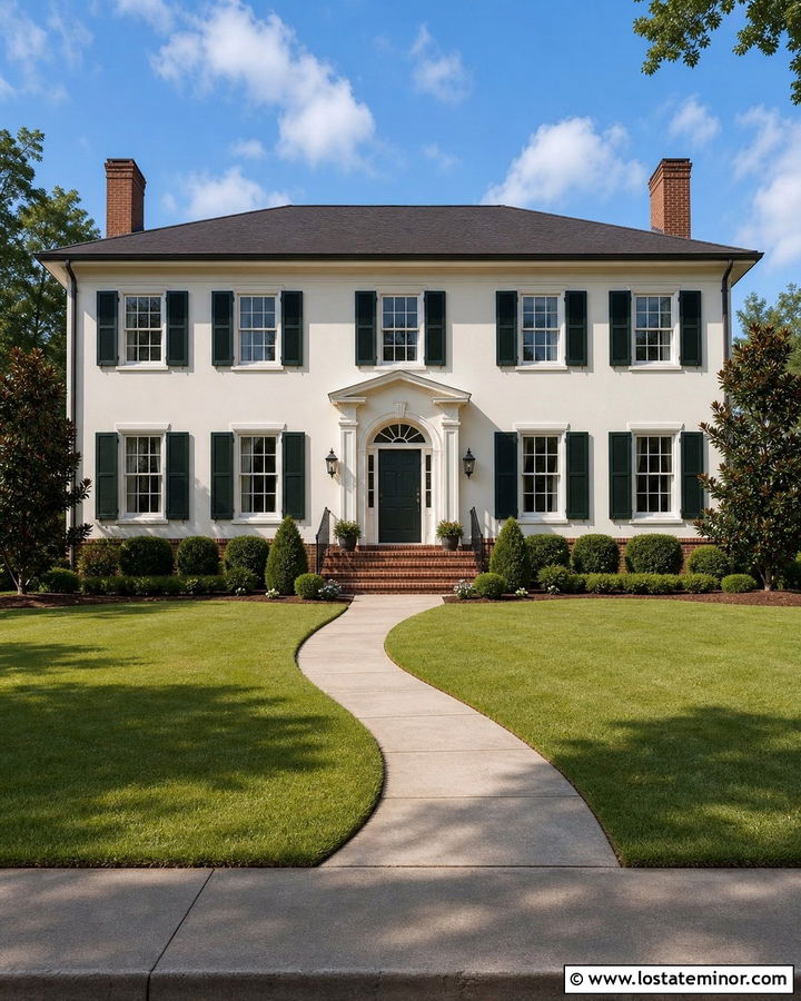 Off White House With Brick And Green Shutters - 30 Off White House Design With Brick Accents Ideas