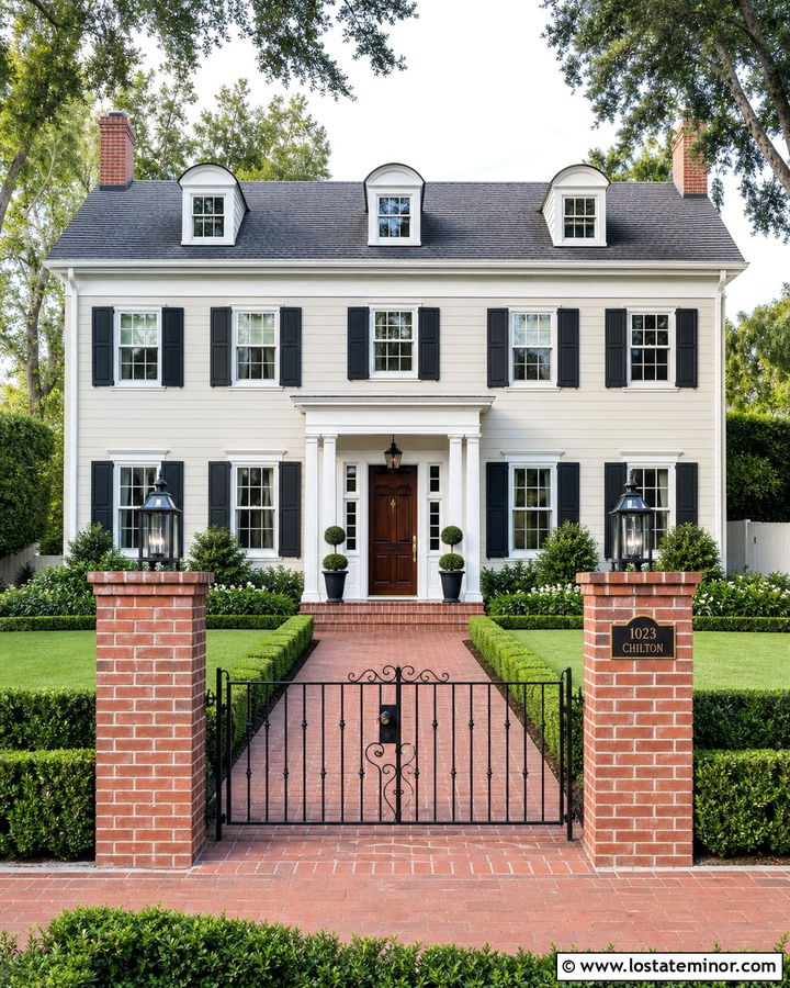 Off White House With Brick And Iron Fence - 30 Off White House Design With Fence Ideas