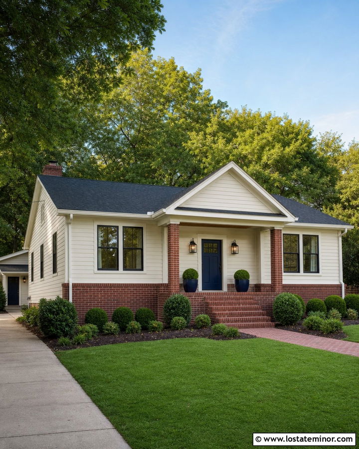 Off White House With Brick And Navy Door - 30 Off White House Design With Brick Accents Ideas