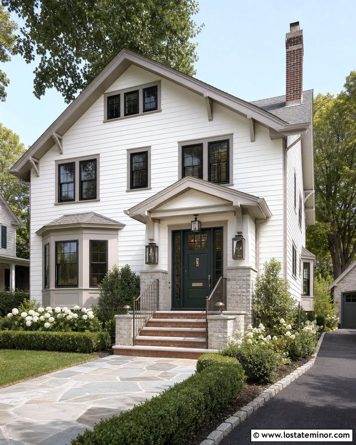 Off White House With Brick And Stone Steps - 30 Off White House Design With Steps Ideas