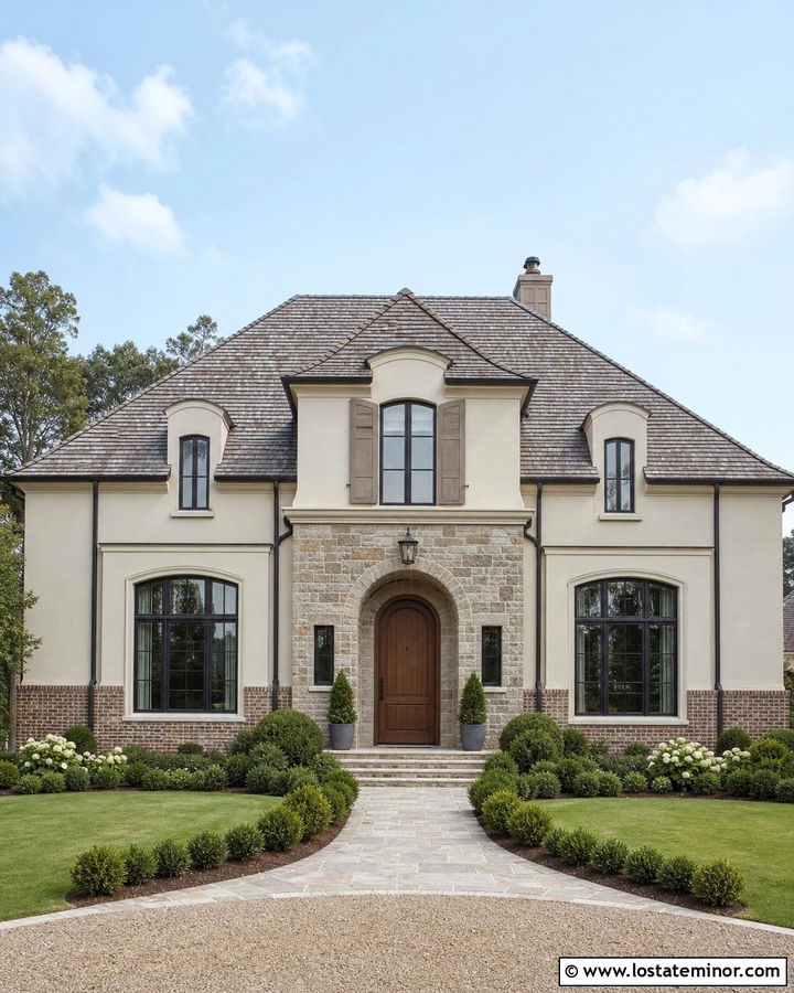 Off White House With Brick And Stone - 30 Off White House Design With Brick Accents Ideas