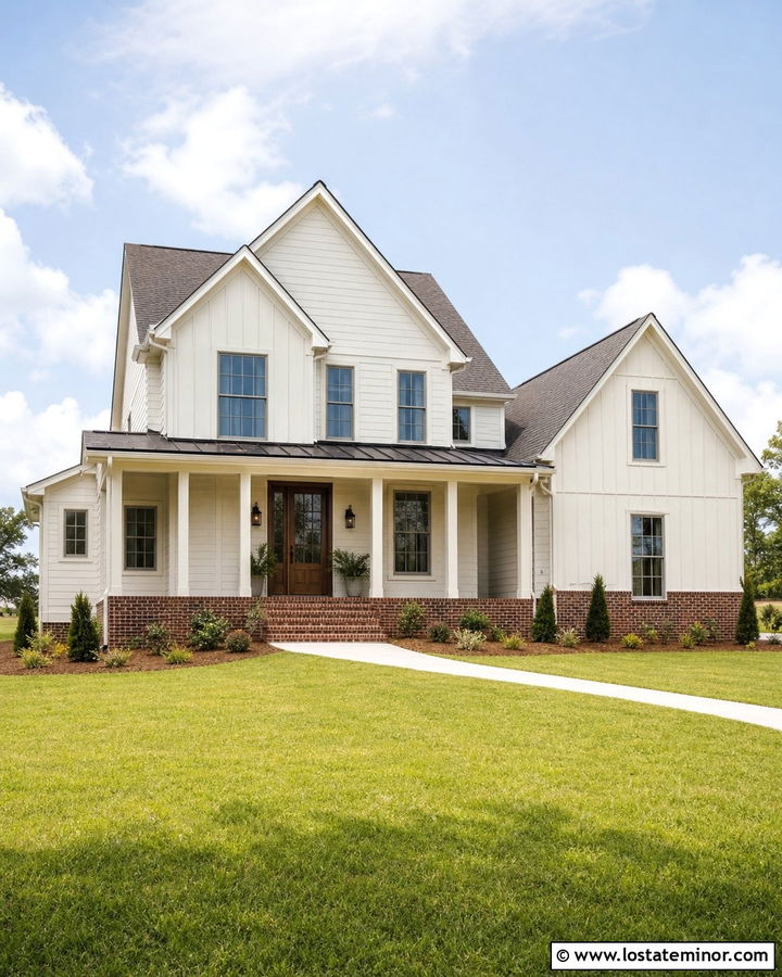 Off White House With Brick And Wood Door - 30 Off White House Design With Brick Accents Ideas
