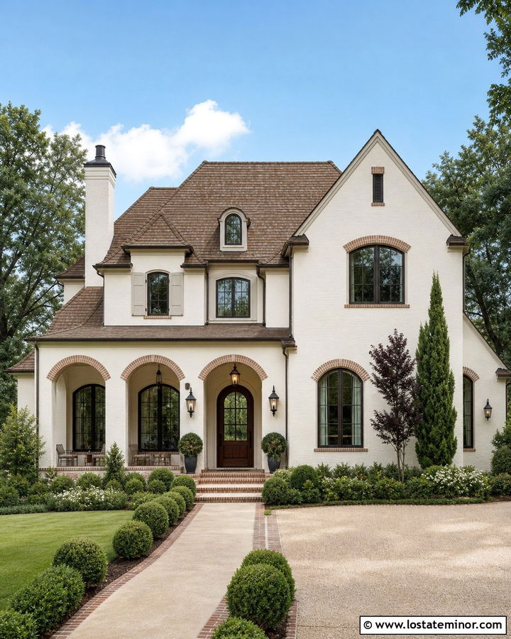 Off White House With Brick Arches - 30 Off White House Design With Brick Accents Ideas