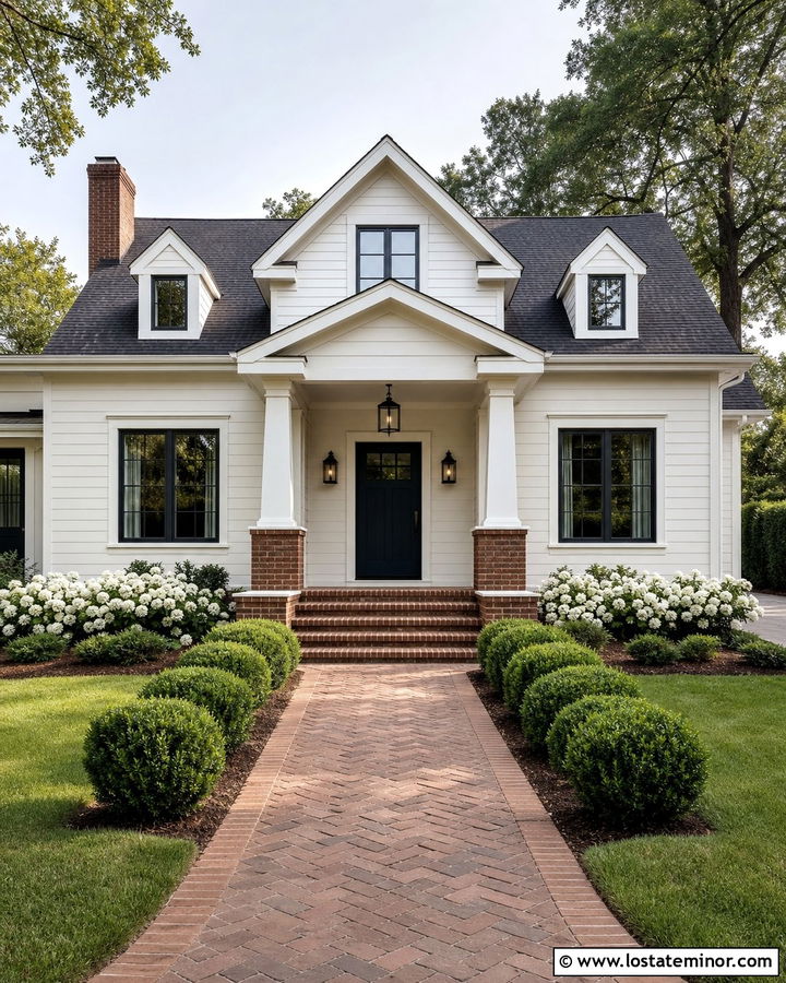 Off White House With Brick Base Portico - 30 Off White House Design With Portico Ideas