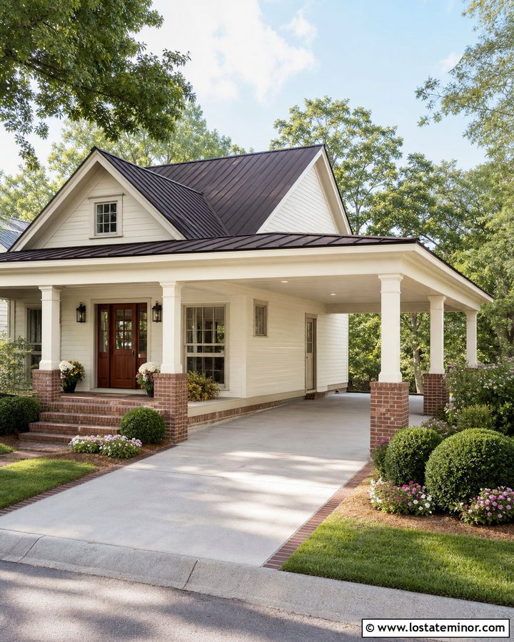 Off White House With Brick Carport Columns - 30 Off White House Design With Carport Ideas