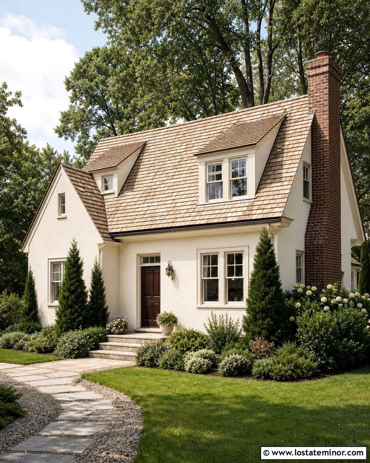 Off White House With Brick Chimney And Cedar Shake Roof - 30 Off White House Design With Cedar Shake Ideas