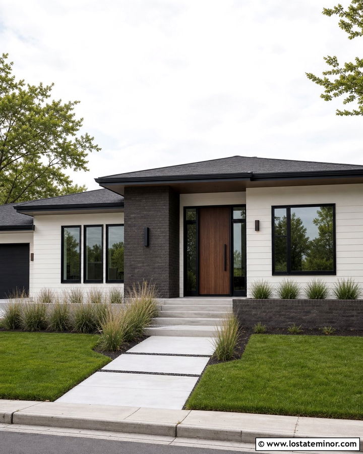 Off White House With Brick Entry Wall - 30 Off White House Design With Brick Accents Ideas