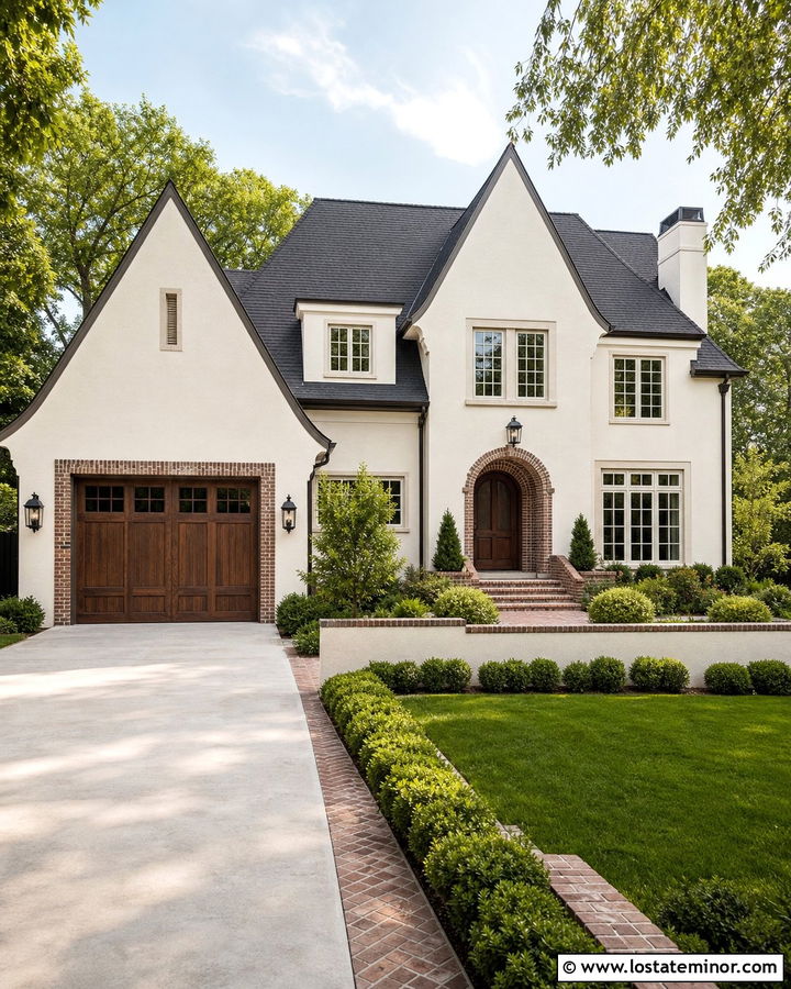 Off White House With Brick Garage Surround - 30 Off White House Design With Garage Door Ideas