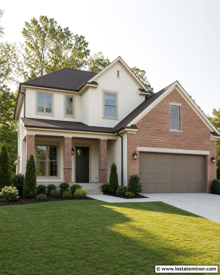 Off White House With Brick Garage - 30 Off White House Design With Brick Accents Ideas