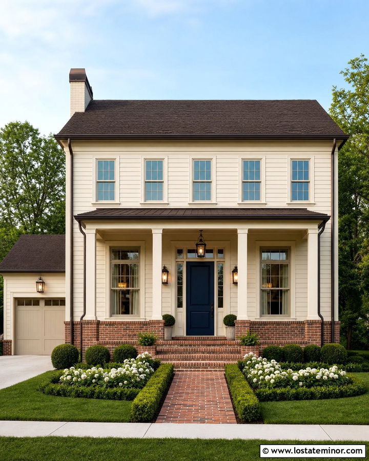 Off White House With Brick Porch Lighting - 30 Off White House Design With Lighting Ideas