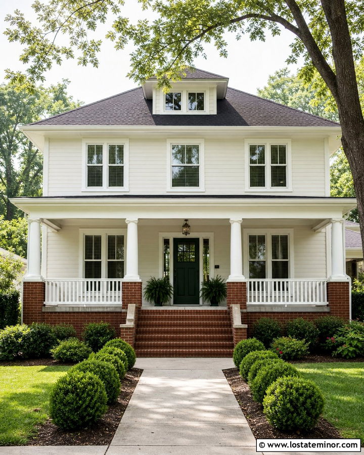 Off White House With Brick Porch Railings - 30 Off White House Design With Railings Ideas