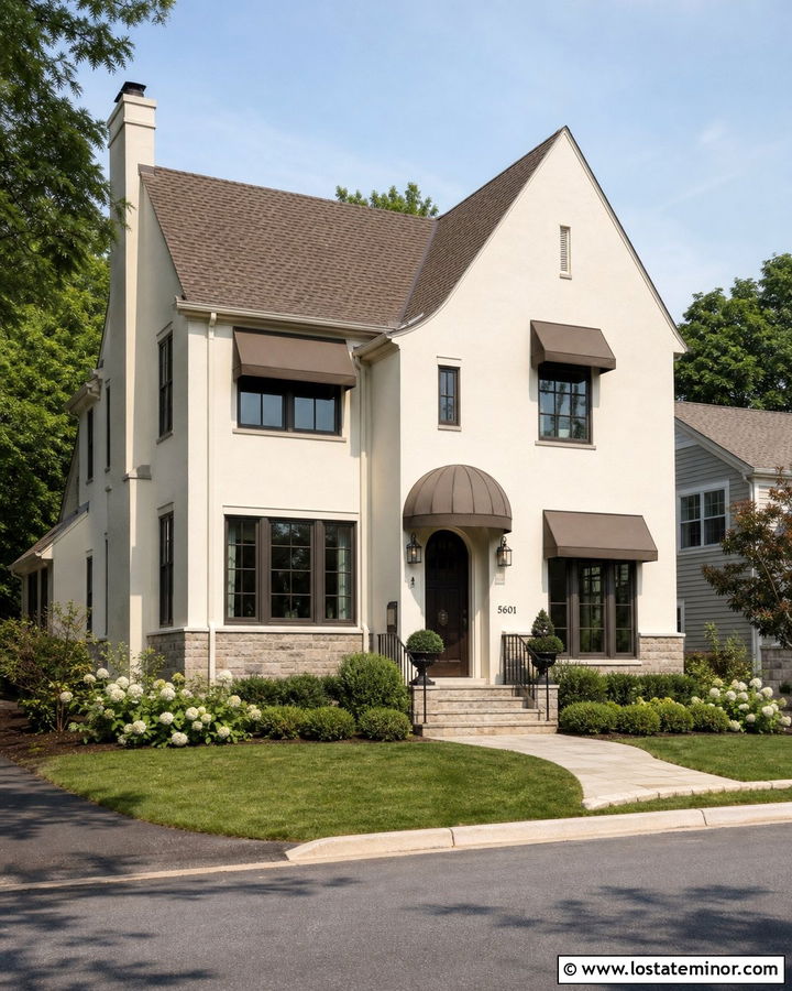Off White House With Bronze Fabric Awning - 30 White House Design With Awning Ideas