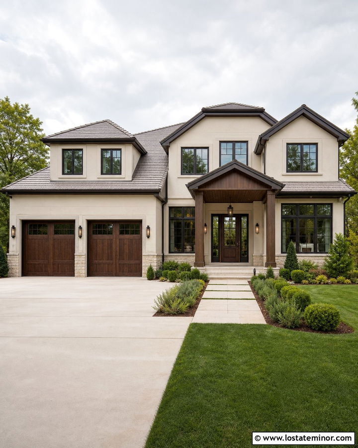 Off White House With Bronze Frames And Wood Garage Doors - 30 Off White House Design With Window Frames Ideas