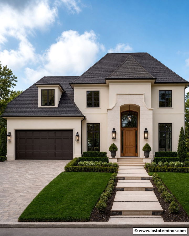 Off White House With Bronze Garage Door - 30 Off White House Design With Garage Door Ideas