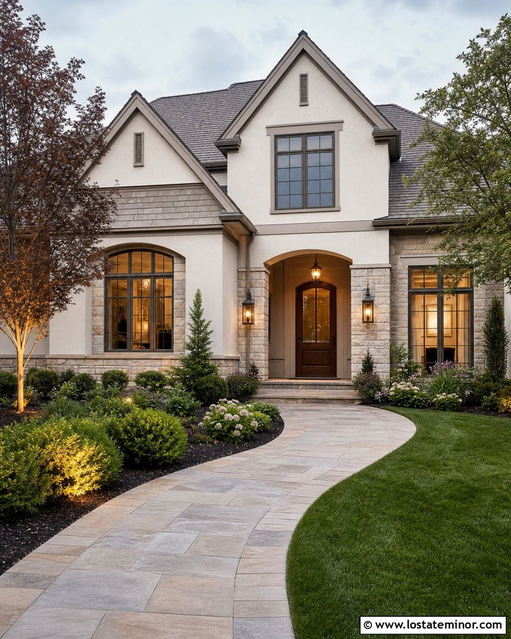 Off White House With Bronze Landscape Lighting - 30 Off White House Design With Lighting Ideas