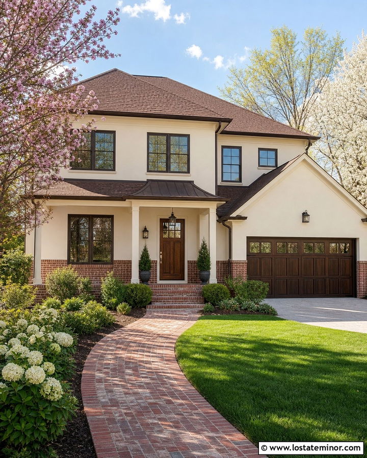 Off White House With Bronze Window Frames And Brick - 30 Off White House Design With Window Frames Ideas