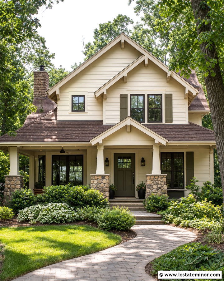 Off White House With Brown Shingles And Olive Shutters - 30 Off White House Design With Shingles Ideas