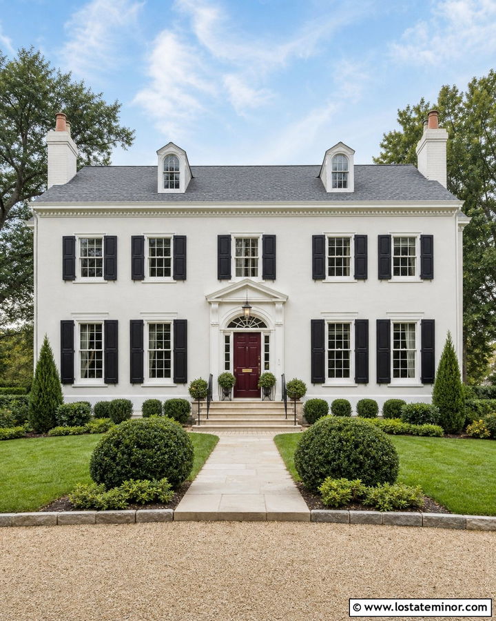 Off White House With Burgundy Entry Door - 30 Off White House Design With Entry Door Ideas