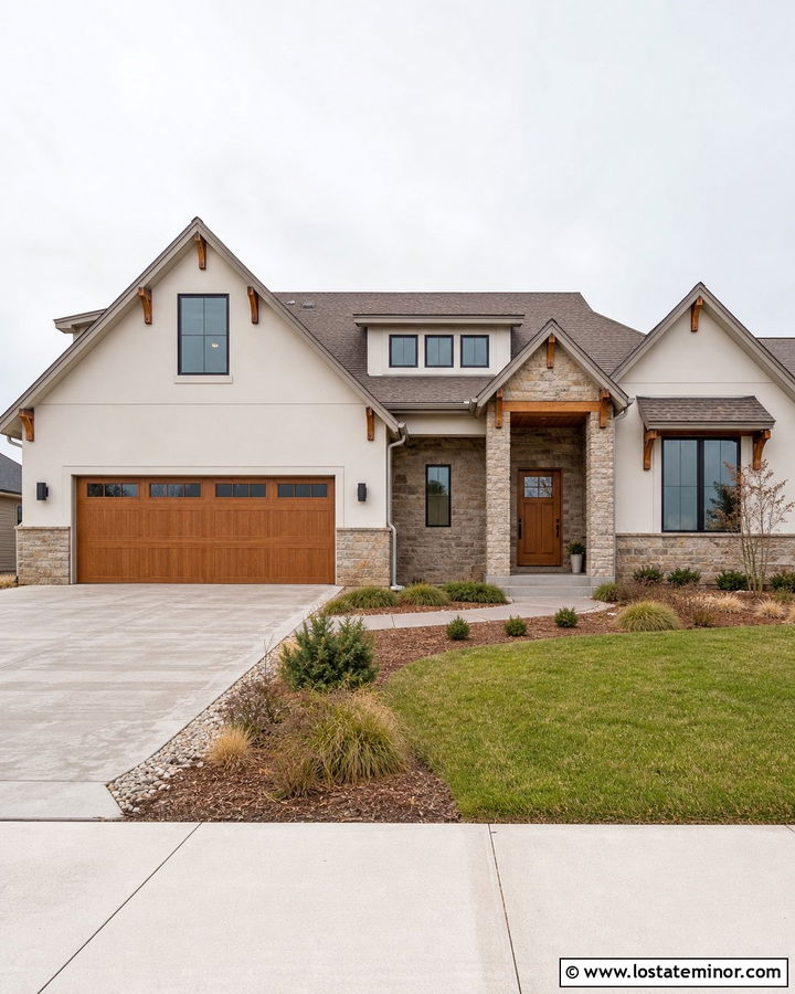 Off White House With Cedar Garage And Stone - 30 Off White House Design With Stone Accents Ideas