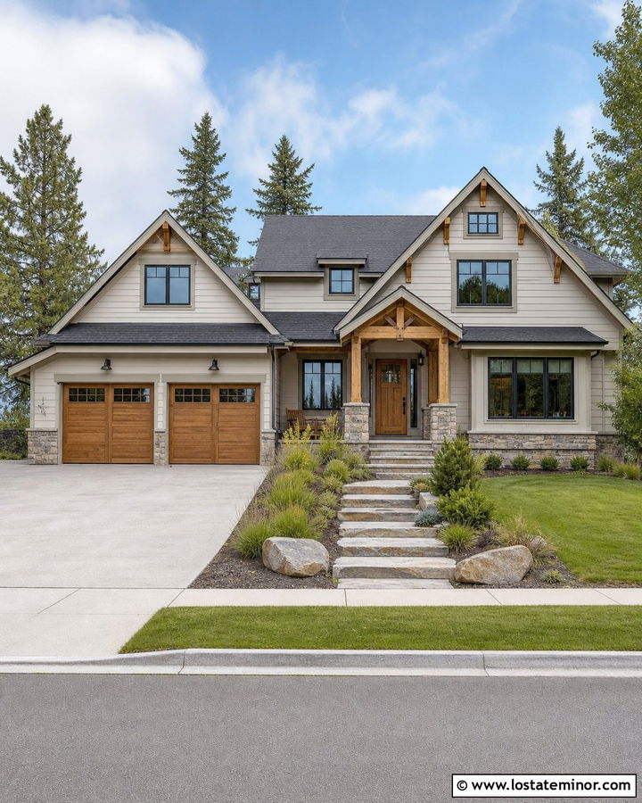 Off White House With Cedar Garage Door - 30 Off White House Design With Garage Door Ideas