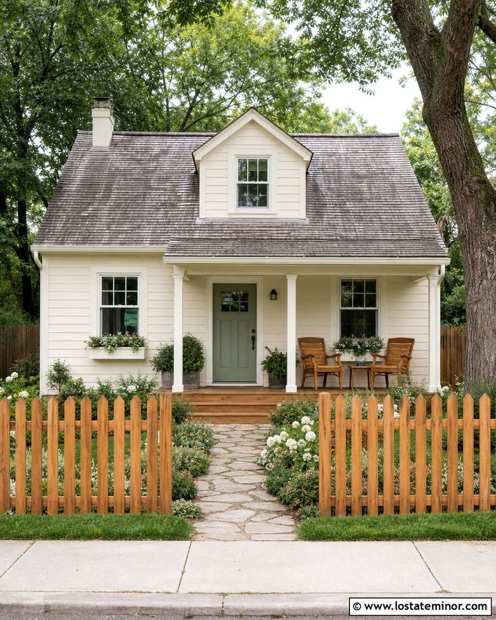 Off White House With Cedar Picket Fence - 30 Off White House Design With Fence Ideas