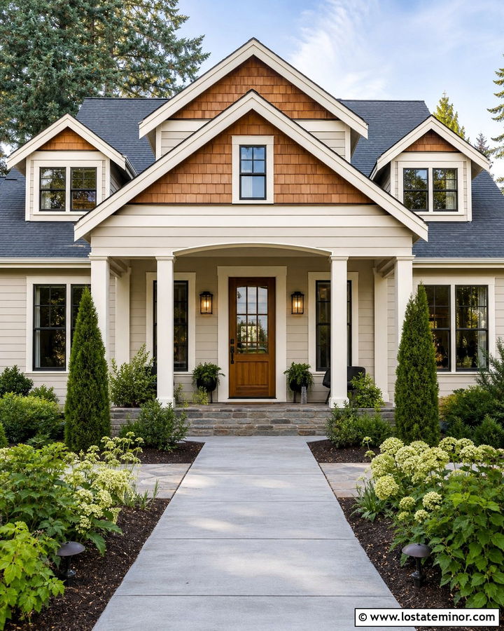Off White House With Cedar Shake And Natural Wood Door - 30 Off White House Design With Cedar Shake Ideas