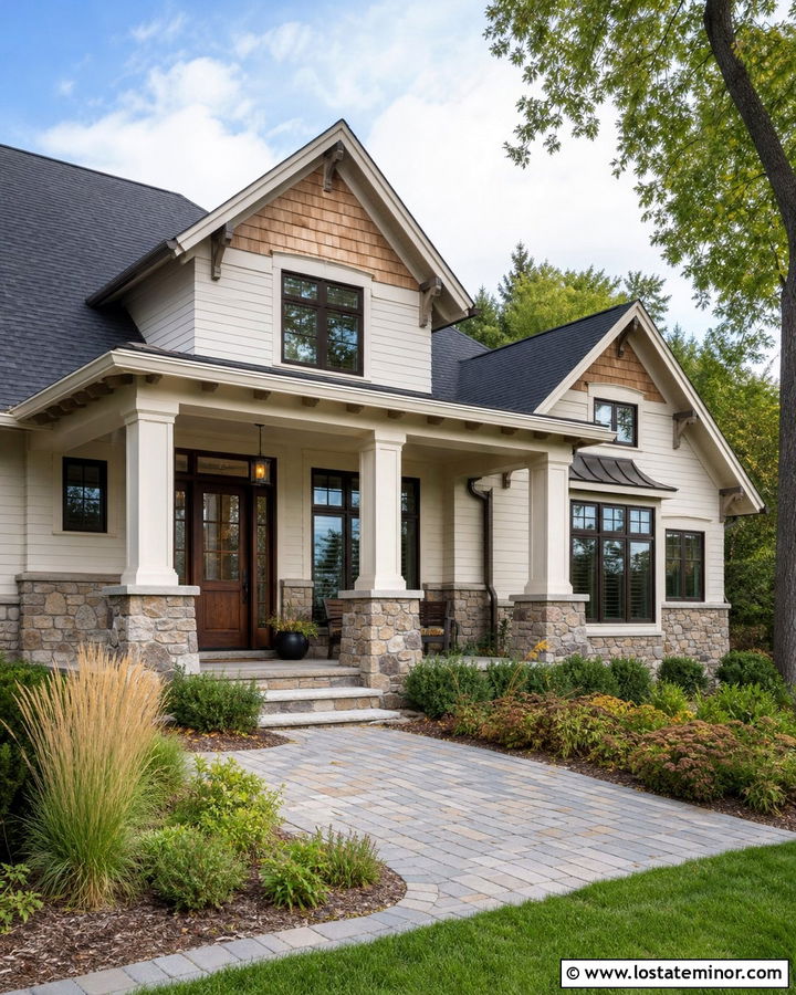 Off White House With Cedar Shake And Stone Base - 30 Off White House Design With Cedar Shake Ideas