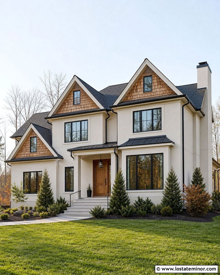 Off White House With Cedar Shake Dormers And Black Windows - 30 Off White House Design With Cedar Shake Ideas