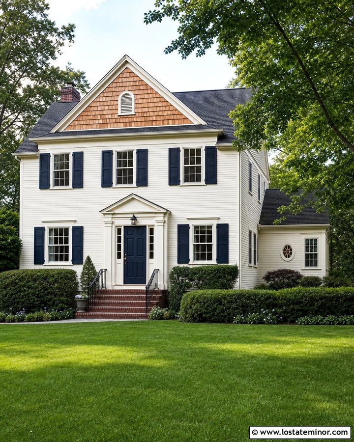 Off White House With Cedar Shake Gables And Navy Shutters - 30 Off White House Design With Cedar Shake Ideas