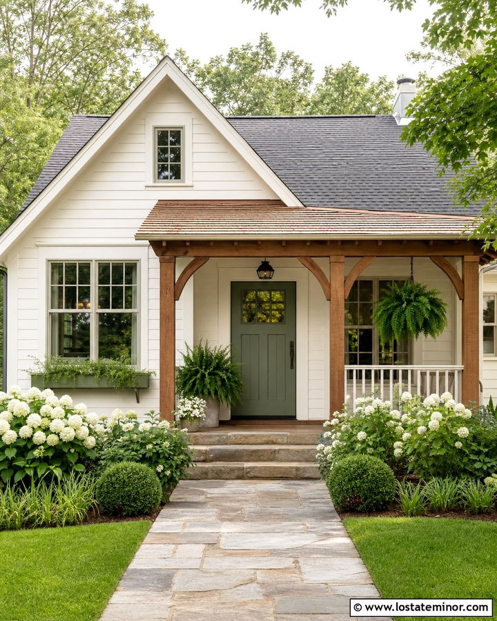 Off White House With Cedar Shake Porch And Sage Door - 30 Off White House Design With Cedar Shake Ideas