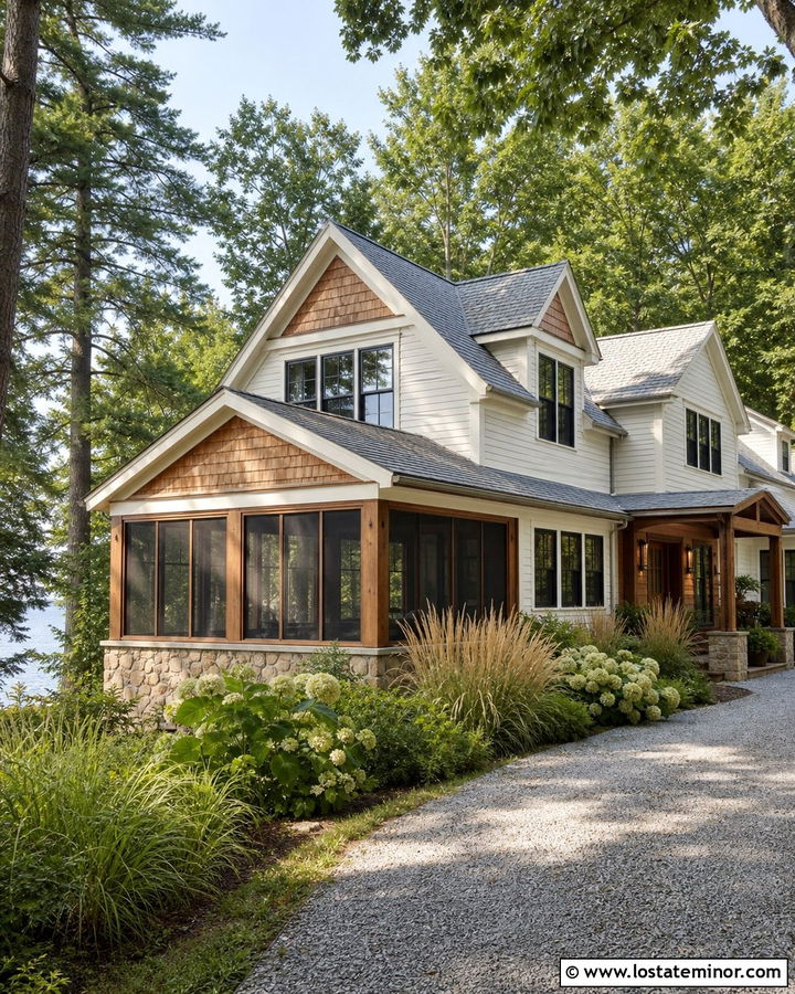 Off White House With Cedar Shake Screened Porch - 30 Off White House Design With Cedar Shake Ideas