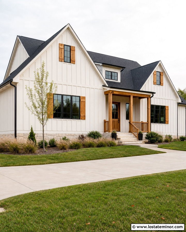 Off White House With Cedar Shutters And Black Roof - 30 Off White House Design With Shutters Ideas