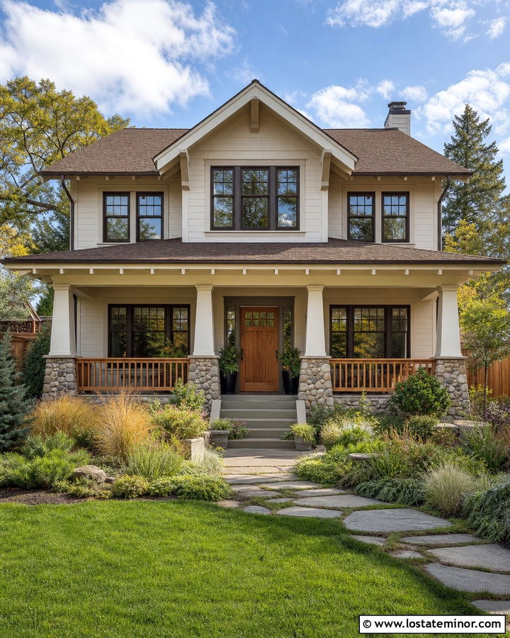 Off White House With Cedar Wood Railings - 30 Off White House Design With Railings Ideas