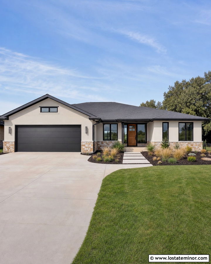Off White House With Charcoal Garage Door - 30 Off White House Design With Garage Door Ideas