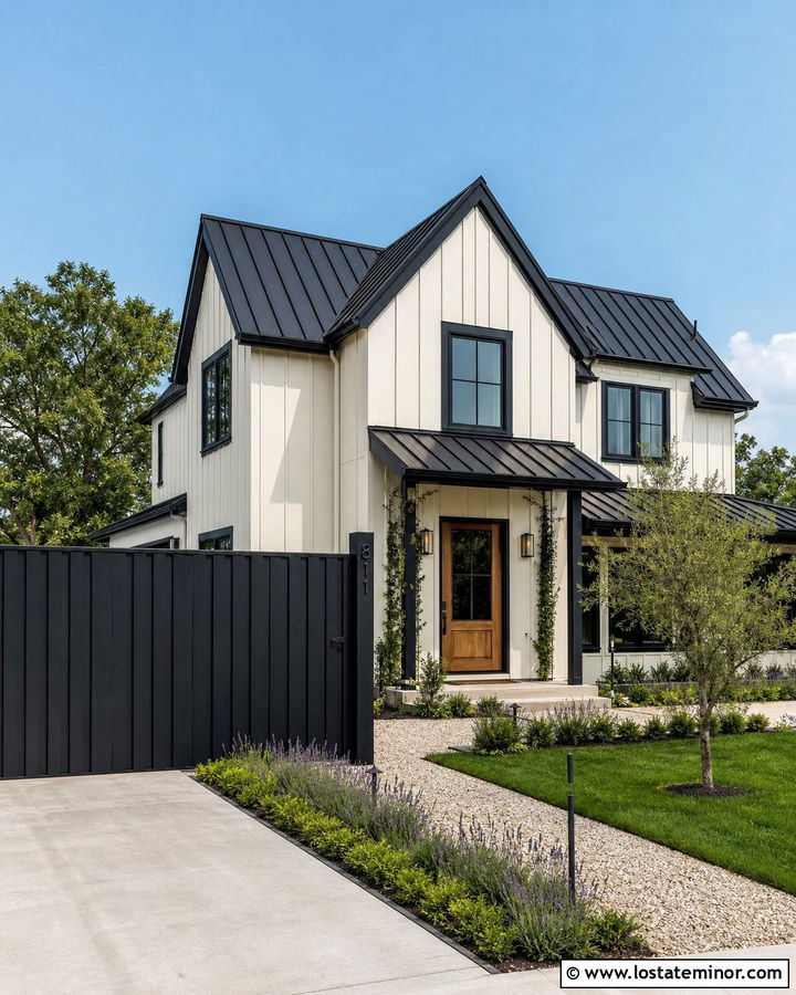Off White House With Charcoal Privacy Fence - 30 Off White House Design With Fence Ideas