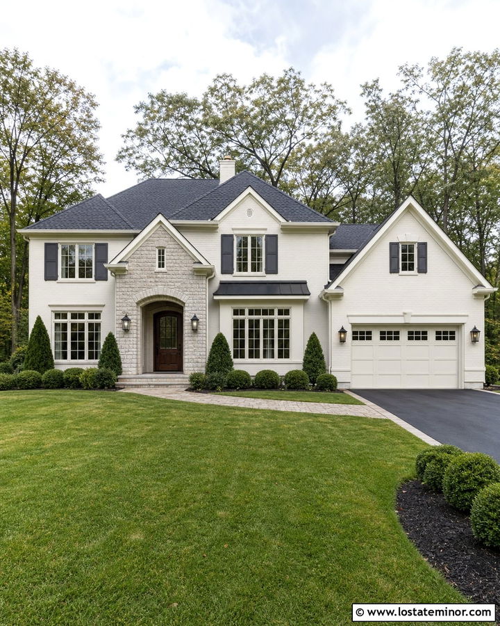 Off White House With Charcoal Shutters And Stone - 30 Off White House Design With Shutters Ideas